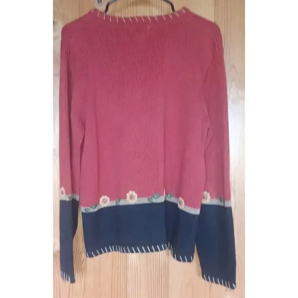 Christopher & Banks Cardigan Womens Large Burgundy Blue Hand Embroidered Flowers - Picture 4 of 6